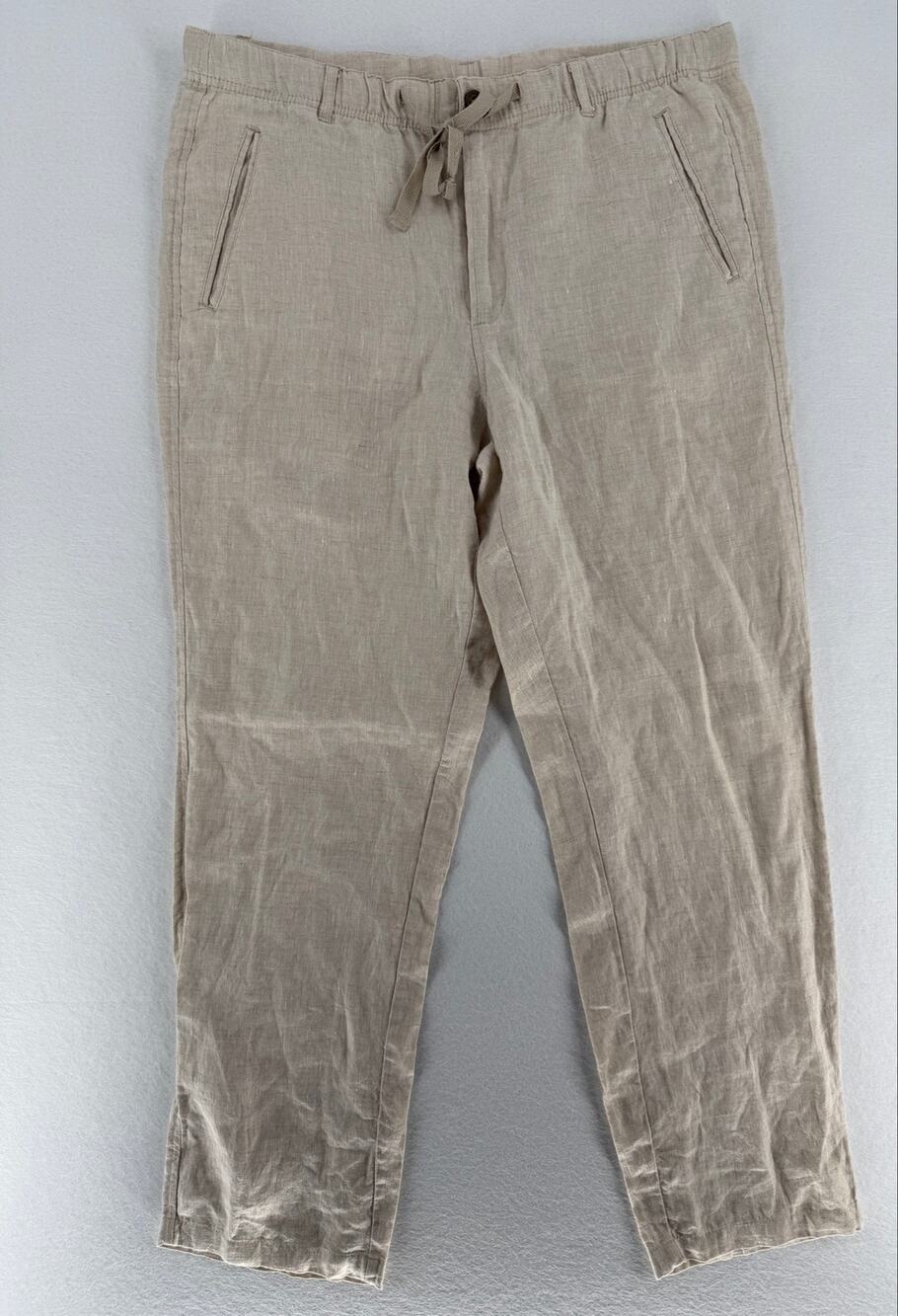 Tasso Elba Mens L 100% Linen Pants Beige Drawstring Straight Leg Coastal